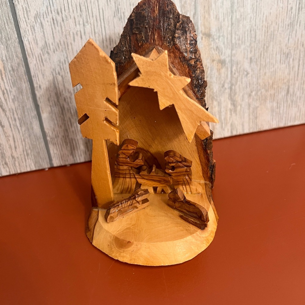 Bethlehem Olive Wood Nativity Scene Hand Carved Bark Edge Israel Christmas Decor